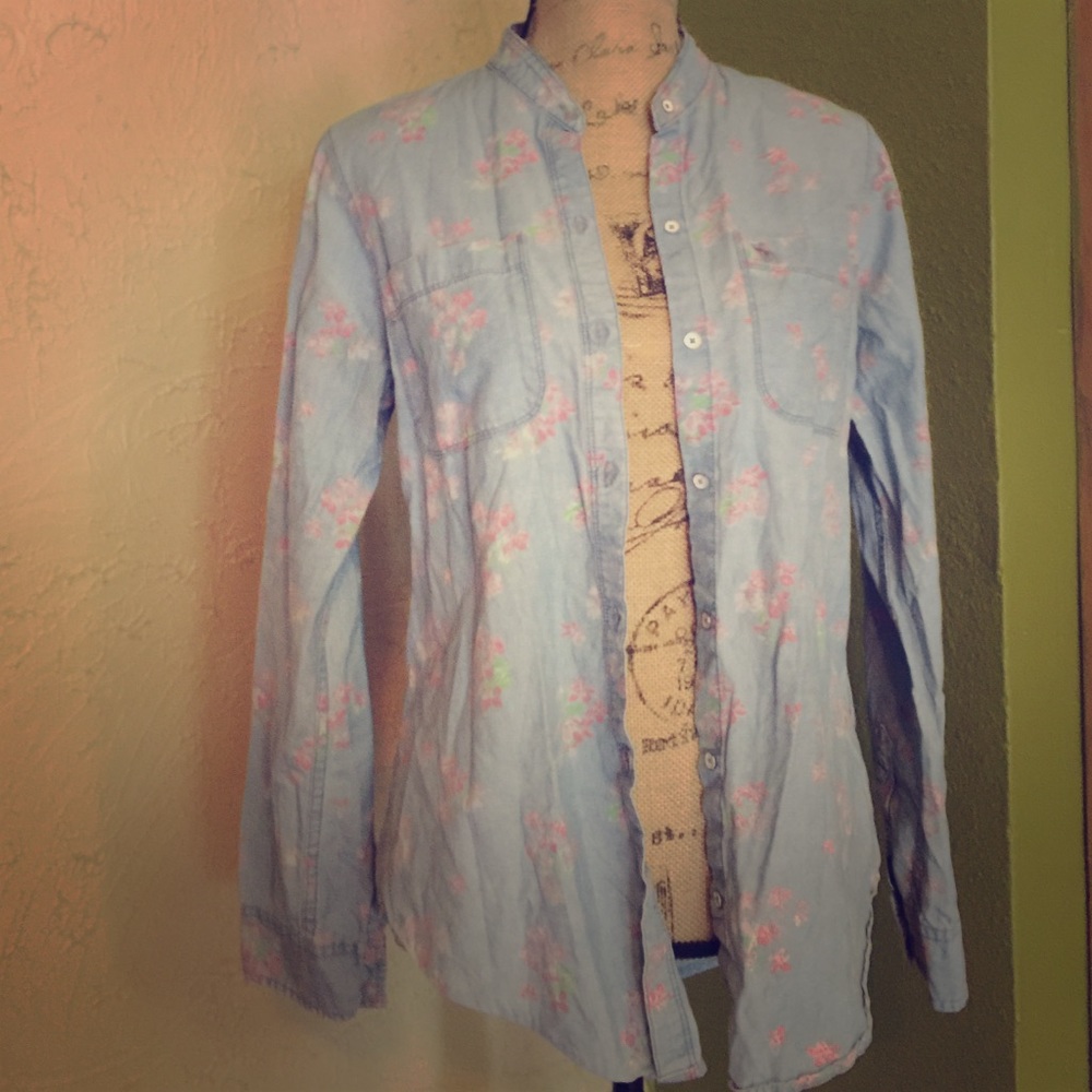 Light denim floral button down top